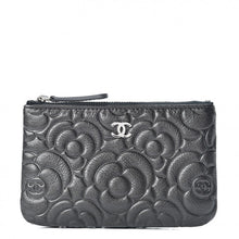 Load image into Gallery viewer, Chanel Goatskin Camellia Embossed Cosmetic Pouch Anthracite
