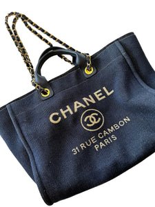 Chanel Lurex Canvas Medium Deauville Tote Navy Blue Gold