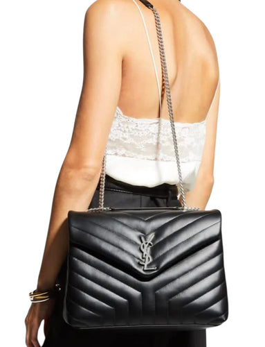 Louis Vuitton Loulou Medium Shoulder Bag in Black Chevron Quilted Leather with Silver Hardware