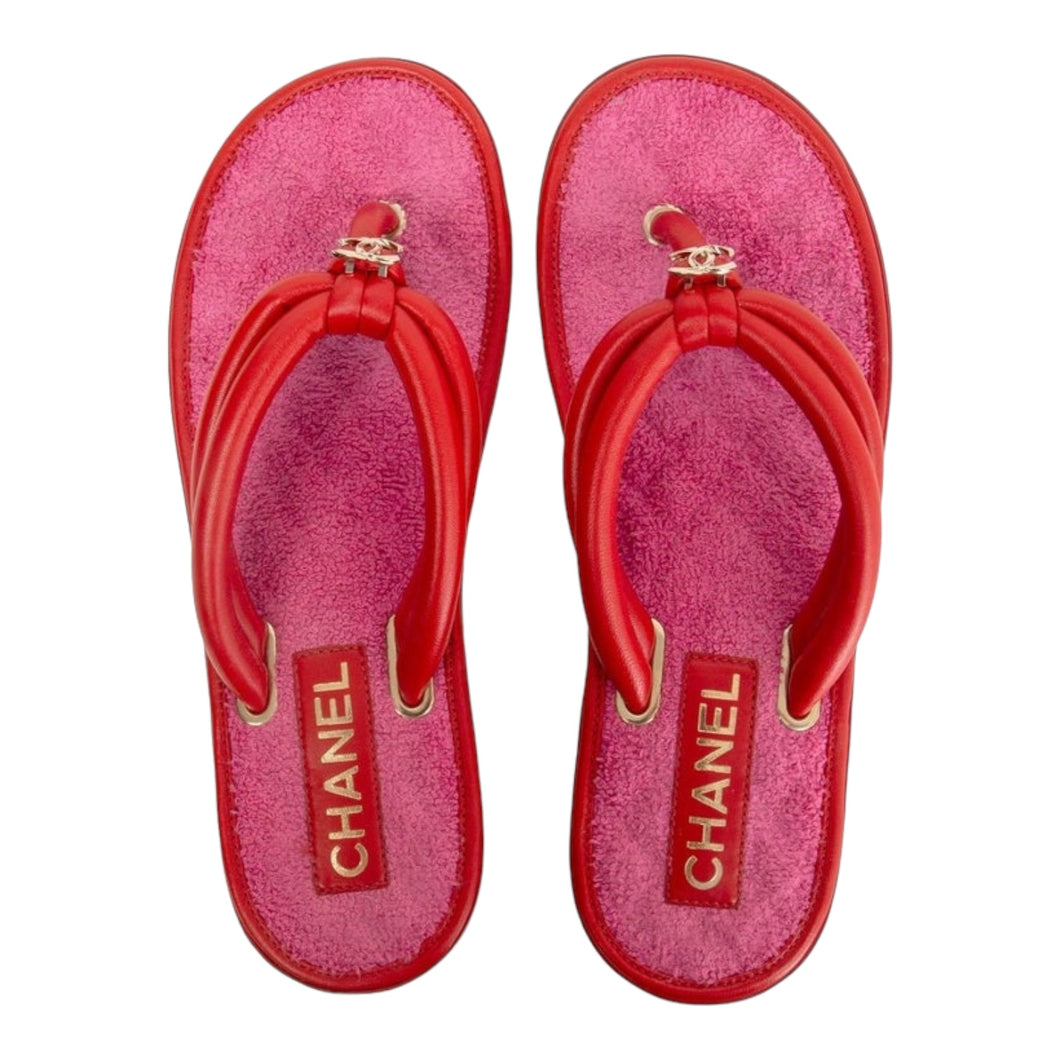 CHANEL Red Leather & Pink Terry Cloth Flat Thong Sandals