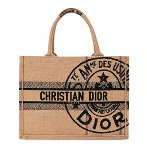 Christian Dior Canvas Jute Embroidered Medium Book Tote Black Beige