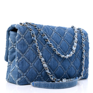 Chanel Frayed Denim Quilted Large Blue Flap