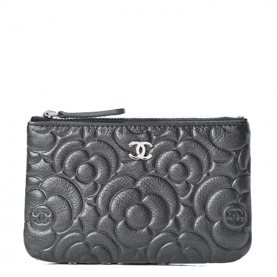 CHANEL カメリア Chanel Goatskin Camellia Embossed Cosmetic Pouch Anthracite – The