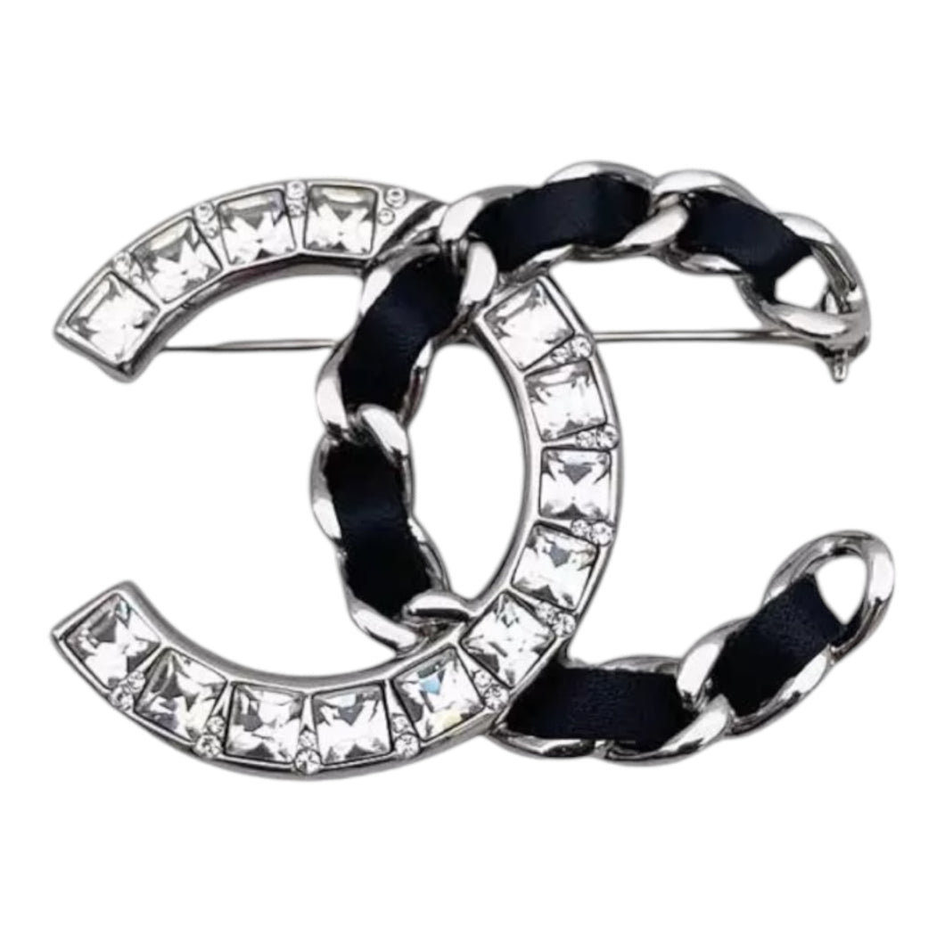 Chanel CC Crystal Leather Silver Tone Brooch