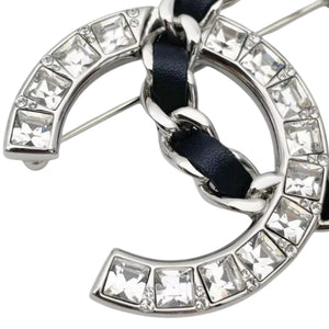 Chanel CC Crystal Leather Silver Tone Brooch