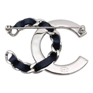 Chanel CC Crystal Leather Silver Tone Brooch