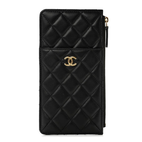 Chanel Lambskin Quilted Egyptian Amulet Classic Flat Wallet Pouch Black