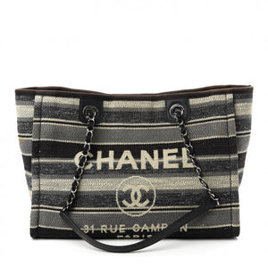 Chanel Striped Canvas Small Deauville Tote Dark Grey