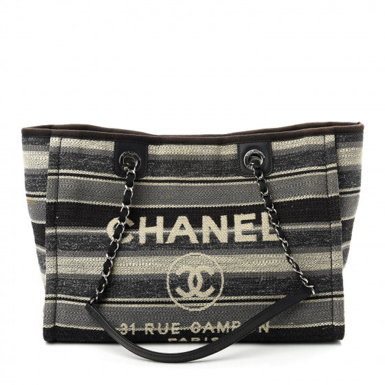 Chanel Striped Canvas Small Deauville Tote Dark Grey
