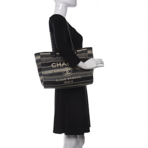 Chanel Striped Canvas Small Deauville Tote Dark Grey