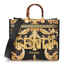 Load image into Gallery viewer, Fendi X VERSACE Calfskin Plexiglass Fendace FF Baroque Print Medium Fendi Sunshine Shopper Tote Black Gold