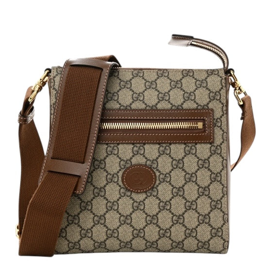 Gucci GG Supreme Monogram Azalea Calfskin Retro Interlocking G Flat Messenger Bag Beige Ebony Brown Sugar