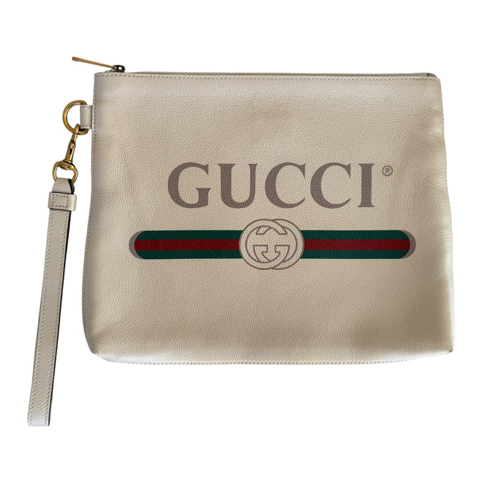 Gucci Pebbled Calfskin Large Logo Portfolio Clutch Ivory