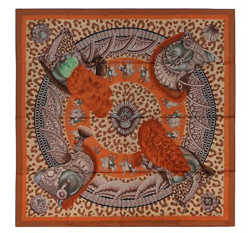 Hermes Silk Scarf Casques et Plumets Caramel Marron Roux