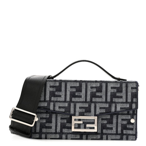 Fendi Fabric Jacquard Reactive Jean Denim Vitello Cover FF Baguette Soft Trunk Blue Black