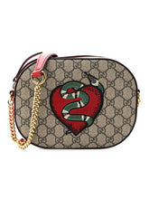 Load image into Gallery viewer, Gucci GG Supreme Monogram Kingsnake Heart Embroidered Mini Chain Shoulder Bag Beige Hibiscus Red