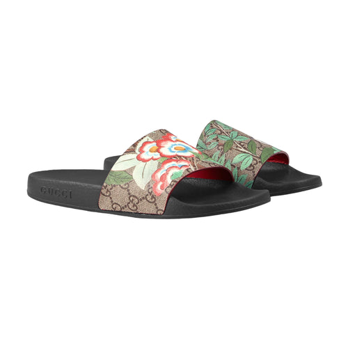 Gucci GG Supreme Monogram Tian Womens Slide Sandals 40 Beige Multicolor