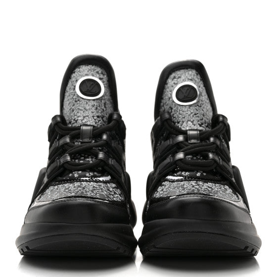 LOUIS VUITTON Glitter Stretch Textile Monogram LV Archlight Sneaker Boots  37.5 Gold Black | FASHIONPHILE