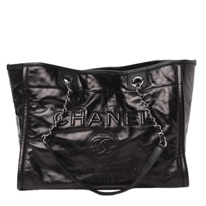 Chanel Glazed Leather Calfskin Small Deauville Tote Black wth Silver Chain  - Luxury In Reach