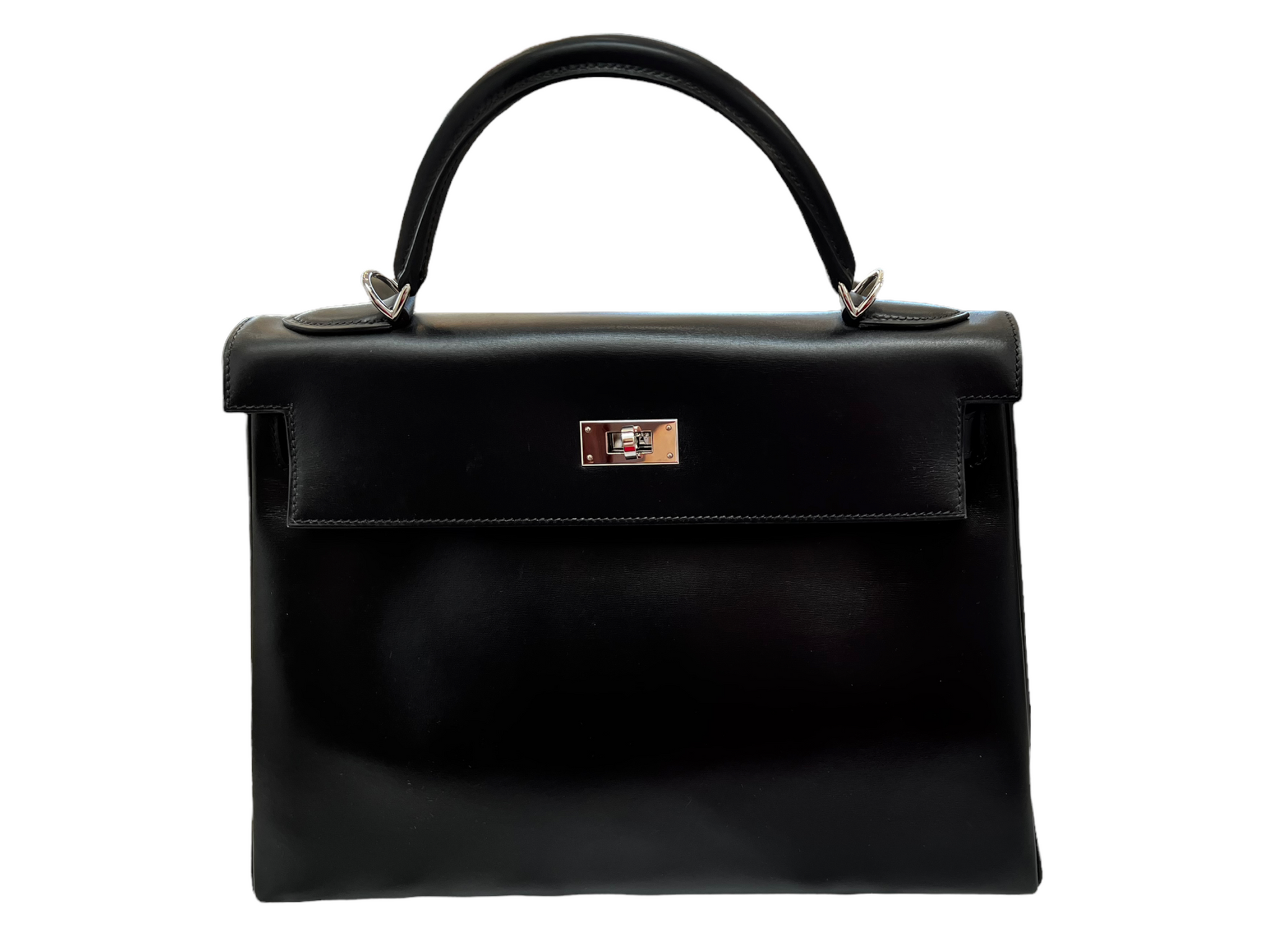 Authenticated Used Hermes Kelly 32 Outer Stitched Box Calf Black 〇V  Engraved Handbag 