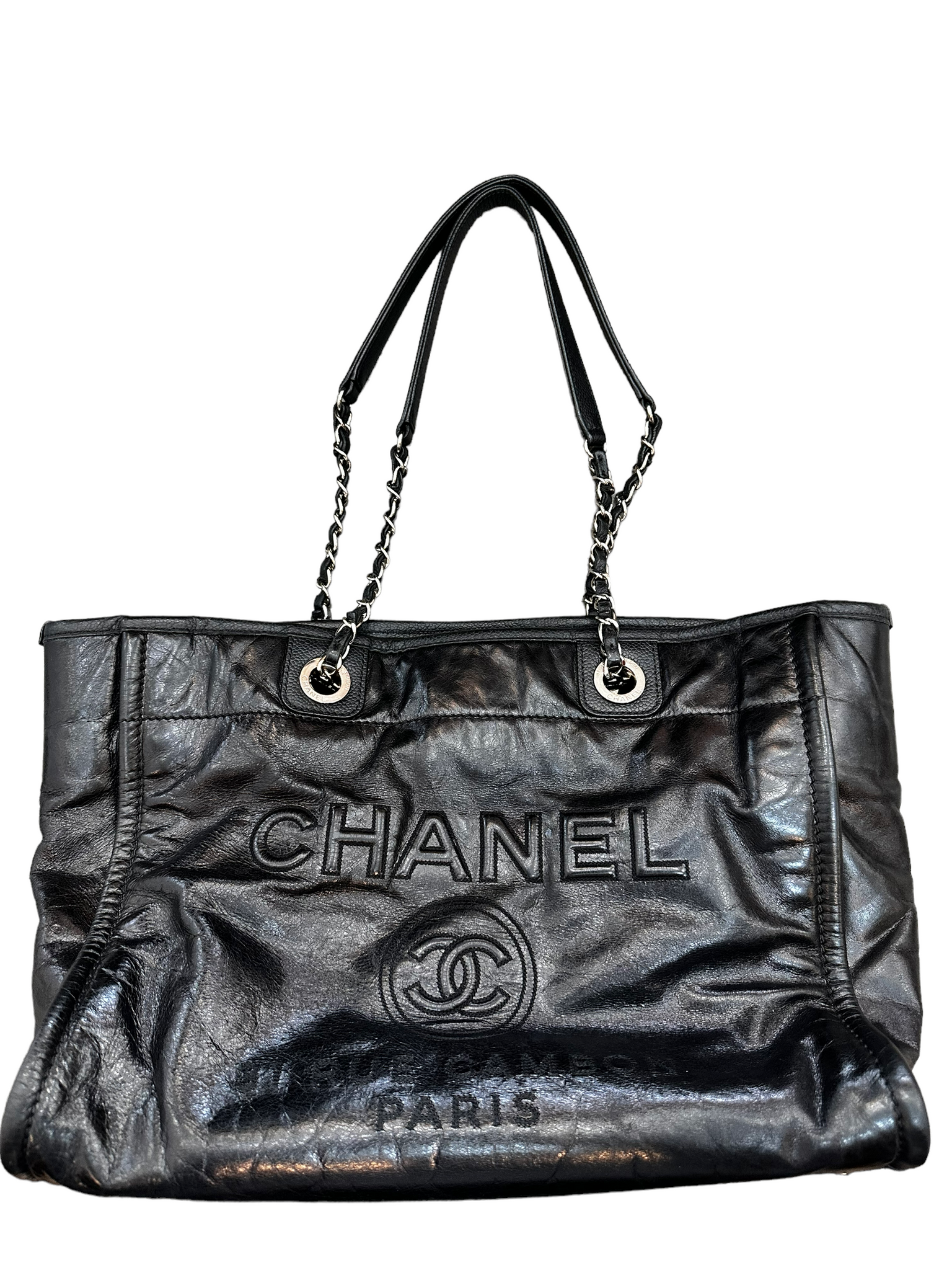 Chanel Black Glazed Leather Deauville Small Shopping Tote Bag - Yoogi's  Closet